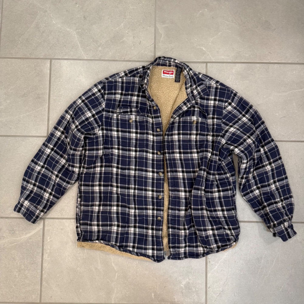 Wrangler Mens XL Sherpa Lined Flannel Shirt Jacket Navy Blue Plaid Heavyweight